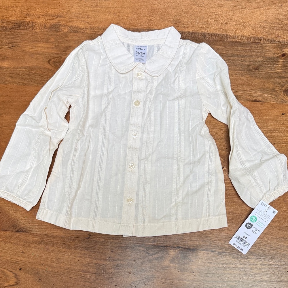 Carter's Cream Button-Front Long-Sleeve Shirt with Peter Pan Collar